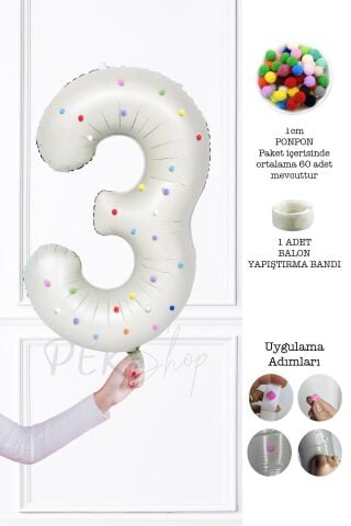 Rengarenk Ponpon Süslemeli Retro Krem Yaş Balonu 80cm