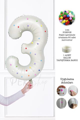 Rengarenk Ponpon Süslemeli Retro Krem Yaş Balonu 80cm