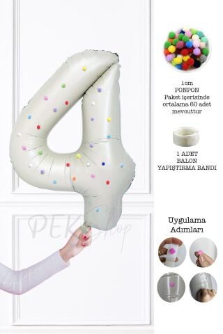 Rengarenk Ponpon Süslemeli Retro Krem Yaş Balonu 80cm