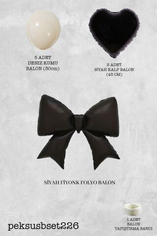 Siyah Fiyonk ve Kalp Folyo Balonlu Deniz Kumu Balon Seti