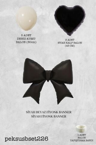 Siyah Fiyonk ve Kalp Folyo Balonlu Deniz Kumu Balon Seti
