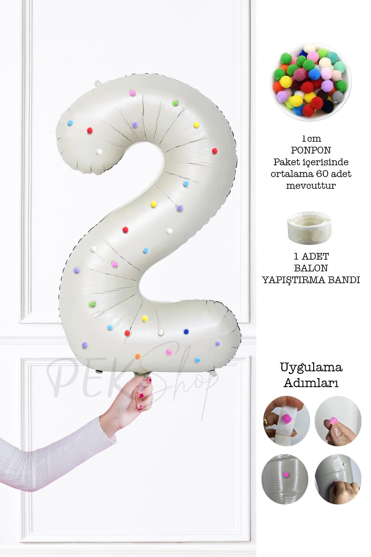 Rengarenk Ponpon Süslemeli Retro Krem Yaş Balonu 80cm 2