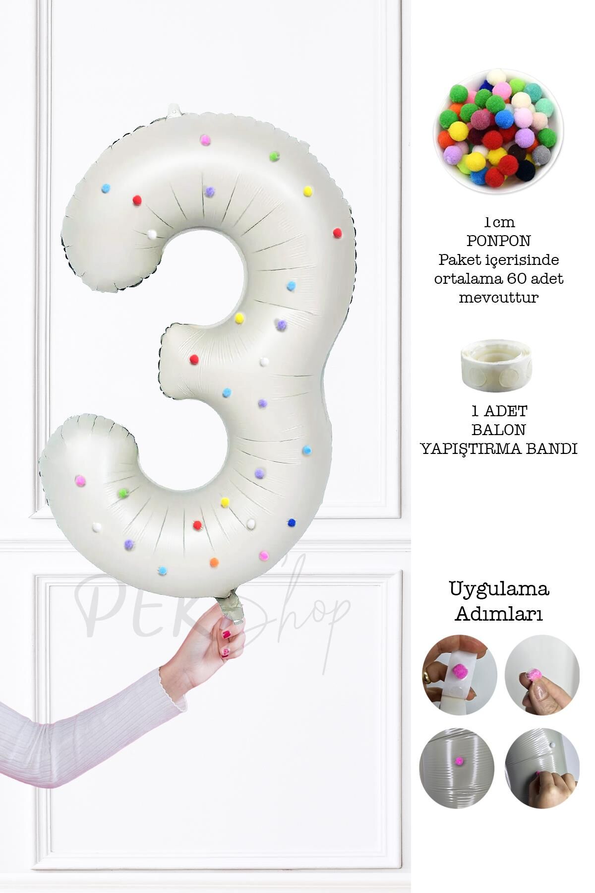 Rengarenk Ponpon Süslemeli Retro Krem Yaş Balonu 80cm 3