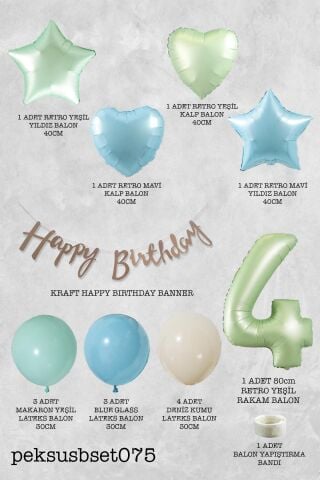 Retro Mavi Yeşil Renkler Doğum Günü Parti Seti Retro Yeşil Yaş Balonlu Kraft Banner Balon Zinciri Seti 7