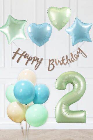 Retro Mavi Yeşil Renkler Doğum Günü Parti Seti Retro Yeşil Yaş Balonlu Kraft Banner Balon Zinciri Seti 2