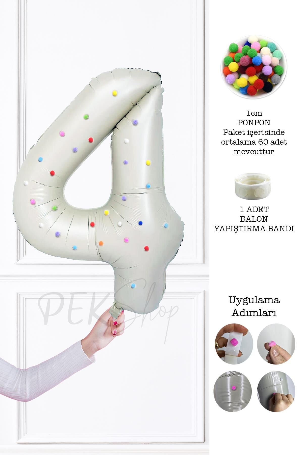 Rengarenk Ponpon Süslemeli Retro Krem Yaş Balonu 80cm 4