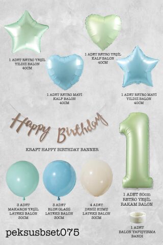 Retro Mavi Yeşil Renkler Doğum Günü Parti Seti Retro Yeşil Yaş Balonlu Kraft Banner Balon Zinciri Seti 1