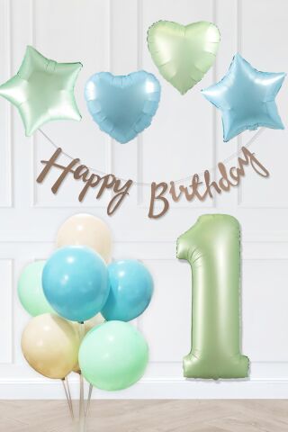 Retro Mavi Yeşil Renkler Doğum Günü Parti Seti Retro Yeşil Yaş Balonlu Kraft Banner Balon Zinciri Seti 1