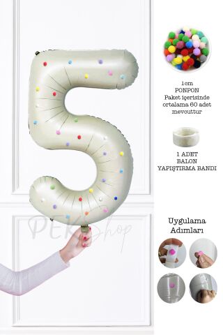Rengarenk Ponpon Süslemeli Retro Krem Yaş Balonu 80cm 5