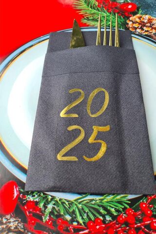 Kumaş Dokulu Siyah Peçete Gold Varak 2025 Yazılı Yılbaşı Sofrası - Yeni Yıl Peçetesi