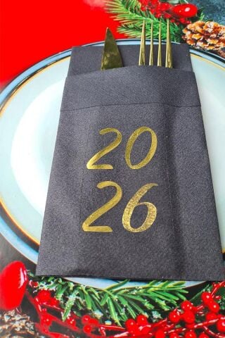 Kumaş Dokulu Siyah Peçete Gold Varak 2026 Yazılı Yılbaşı Sofrası - Yeni Yıl Peçetesi