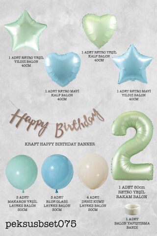 Retro Mavi Yeşil Renkler Doğum Günü Parti Seti Retro Yeşil Yaş Balonlu Kraft Banner Balon Zinciri Seti 2