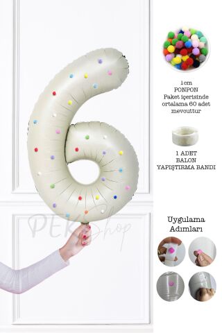 Rengarenk Ponpon Süslemeli Retro Krem Yaş Balonu 80cm 6