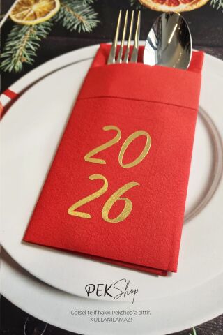 Kumaş Dokulu Kırmızı Peçete Gold Varak 2026 Yazılı Yılbaşı Sofrası - Yeni Yıl Peçetesi