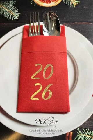 Kumaş Dokulu Kırmızı Peçete Gold Varak 2026 Yazılı Yılbaşı Sofrası - Yeni Yıl Peçetesi
