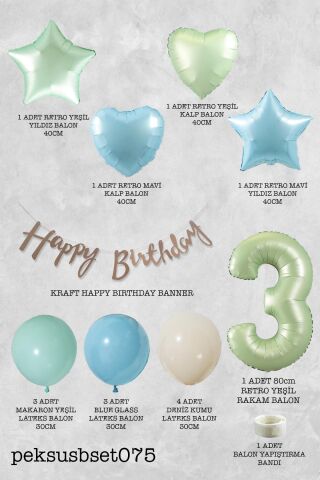 Retro Mavi Yeşil Renkler Doğum Günü Parti Seti Retro Yeşil Yaş Balonlu Kraft Banner Balon Zinciri Seti 3