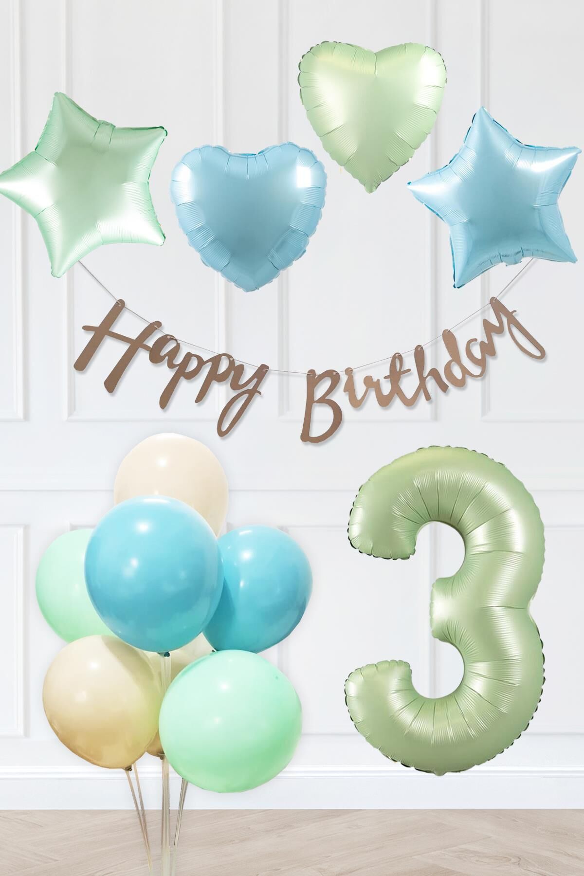 Retro Mavi Yeşil Renkler Doğum Günü Parti Seti Retro Yeşil Yaş Balonlu Kraft Banner Balon Zinciri Seti 3