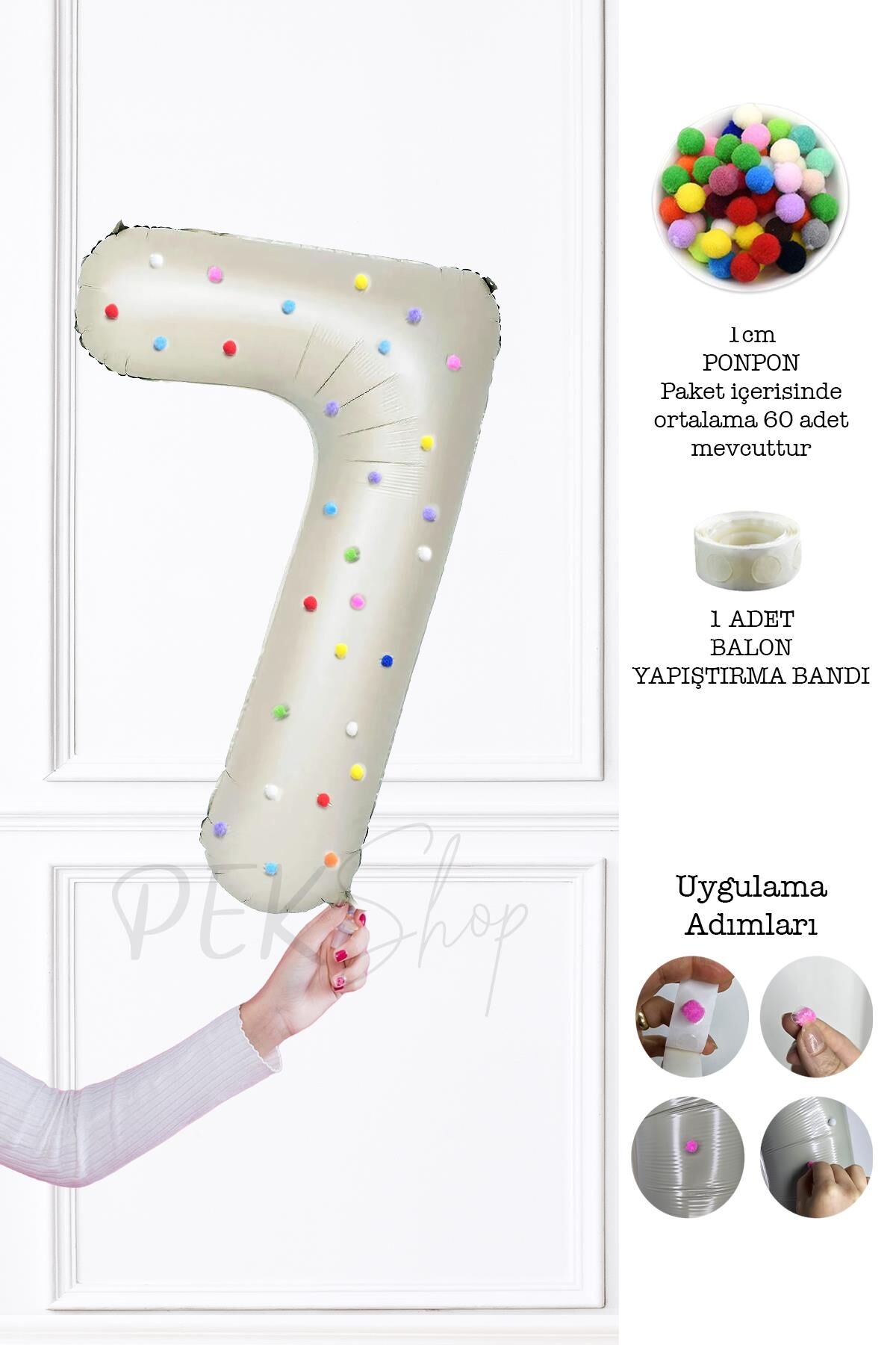 Rengarenk Ponpon Süslemeli Retro Krem Yaş Balonu 80cm 7