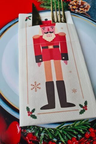 Kumaş Dokulu Peçete Büyük Kurşun Asker Baskılı Yılbaşı Peçetesi 6lı Cepli Lüks Peçete Paketi