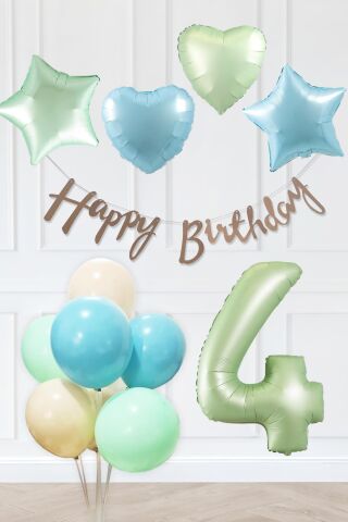Retro Mavi Yeşil Renkler Doğum Günü Parti Seti Retro Yeşil Yaş Balonlu Kraft Banner Balon Zinciri Seti 4