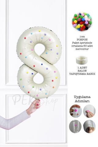 Rengarenk Ponpon Süslemeli Retro Krem Yaş Balonu 80cm 8