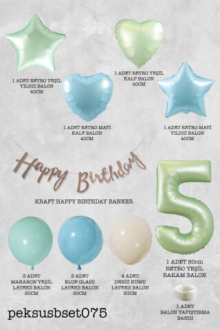 Retro Mavi Yeşil Renkler Doğum Günü Parti Seti Retro Yeşil Yaş Balonlu Kraft Banner Balon Zinciri Seti 5