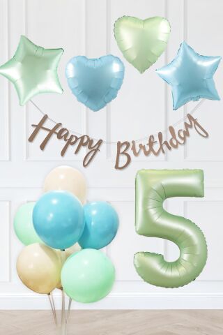 Retro Mavi Yeşil Renkler Doğum Günü Parti Seti Retro Yeşil Yaş Balonlu Kraft Banner Balon Zinciri Seti 5