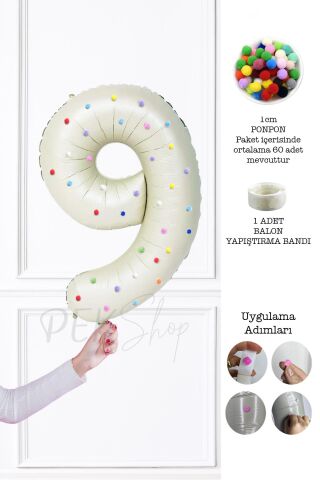 Rengarenk Ponpon Süslemeli Retro Krem Yaş Balonu 80cm 9