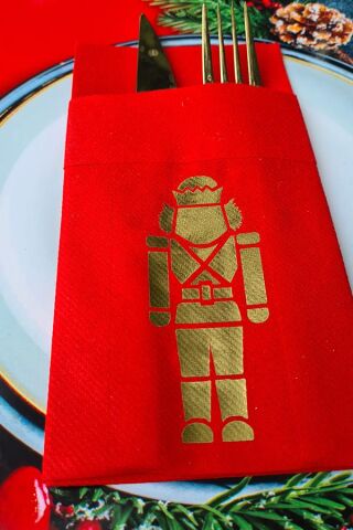 Kumaş Dokulu Cepli Kırmızı Peçete Gold Varak Kurşun Asker Baskılı Yılbaşı Sofra Peçetesi 6lı