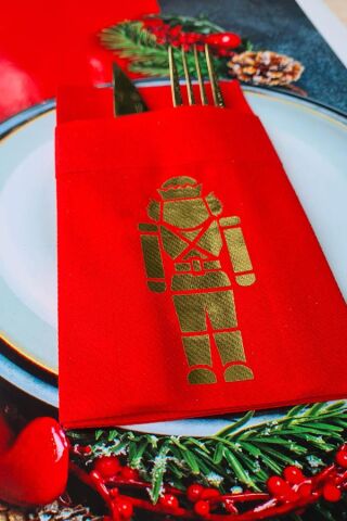 Kumaş Dokulu Cepli Kırmızı Peçete Gold Varak Kurşun Asker Baskılı Yılbaşı Sofra Peçetesi 6lı