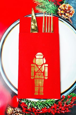 Kumaş Dokulu Cepli Kırmızı Peçete Gold Varak Kurşun Asker Baskılı Yılbaşı Sofra Peçetesi 6lı