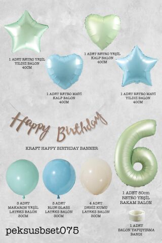 Retro Mavi Yeşil Renkler Doğum Günü Parti Seti Retro Yeşil Yaş Balonlu Kraft Banner Balon Zinciri Seti 6