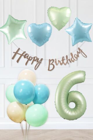 Retro Mavi Yeşil Renkler Doğum Günü Parti Seti Retro Yeşil Yaş Balonlu Kraft Banner Balon Zinciri Seti 6