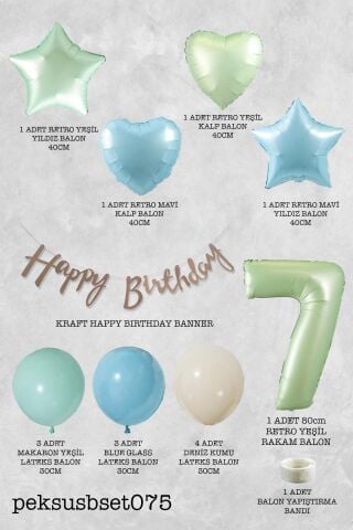 Retro Mavi Yeşil Renkler Doğum Günü Parti Seti Retro Yeşil Yaş Balonlu Kraft Banner Balon Zinciri Seti 7