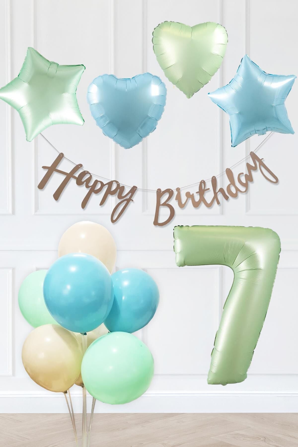 Retro Mavi Yeşil Renkler Doğum Günü Parti Seti Retro Yeşil Yaş Balonlu Kraft Banner Balon Zinciri Seti 7