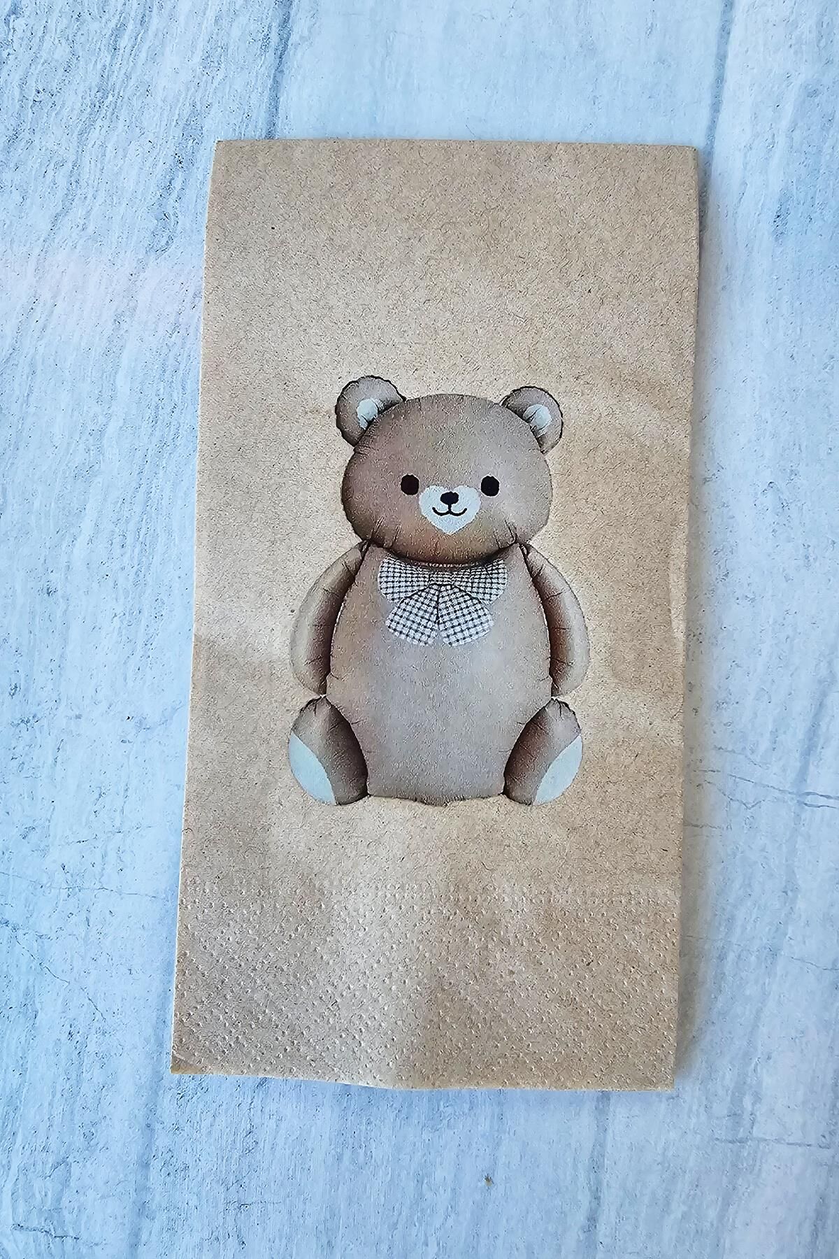 Retro Sevimli Ayı Baskılı Kraft Peçete Ayı Tema Peçete - Kraft Peçete 12li Paket