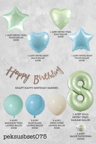 Retro Mavi Yeşil Renkler Doğum Günü Parti Seti Retro Yeşil Yaş Balonlu Kraft Banner Balon Zinciri Seti 8