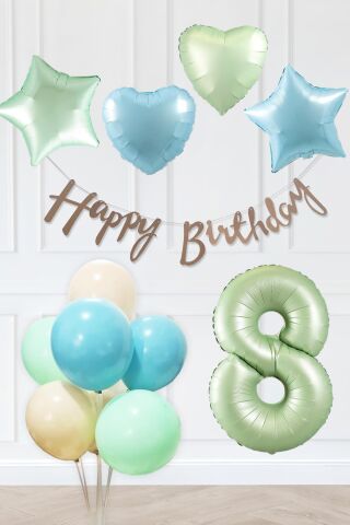 Retro Mavi Yeşil Renkler Doğum Günü Parti Seti Retro Yeşil Yaş Balonlu Kraft Banner Balon Zinciri Seti 8