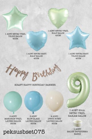 Retro Mavi Yeşil Renkler Doğum Günü Parti Seti Retro Yeşil Yaş Balonlu Kraft Banner Balon Zinciri Seti 9