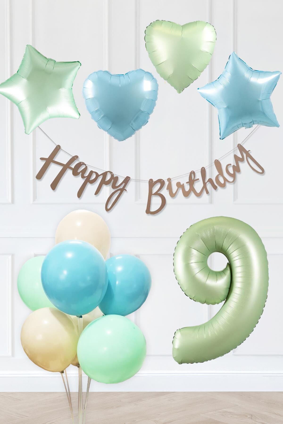 Retro Mavi Yeşil Renkler Doğum Günü Parti Seti Retro Yeşil Yaş Balonlu Kraft Banner Balon Zinciri Seti 9