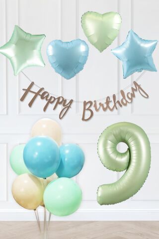 Retro Mavi Yeşil Renkler Doğum Günü Parti Seti Retro Yeşil Yaş Balonlu Kraft Banner Balon Zinciri Seti 9