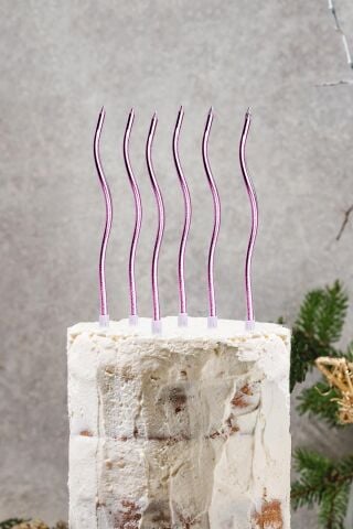 Pasta Mumu Spiral Metalik Lila Renk Mum 6 lı Altın Kıvrık Mum