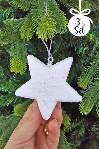 Beyaz Simli Yıldız Şeklinde Yılbaşı Ağaç Süsü Parıltılı Yılbaşı Ağacı Süsü 3lü Paket