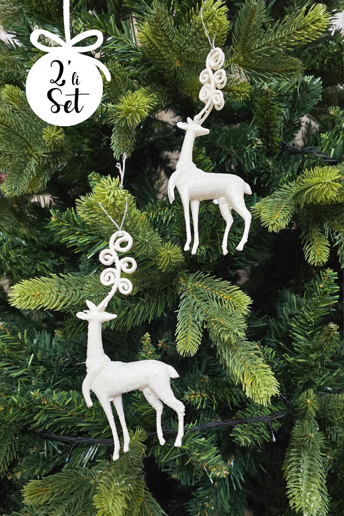 Beyaz Simli Uzun Boynuzlu Geyik Şeklinde Yılbaşı Ağacı Süsü Beyaz Geyik Yılbaşı Ağaç Süsü 2li Paket