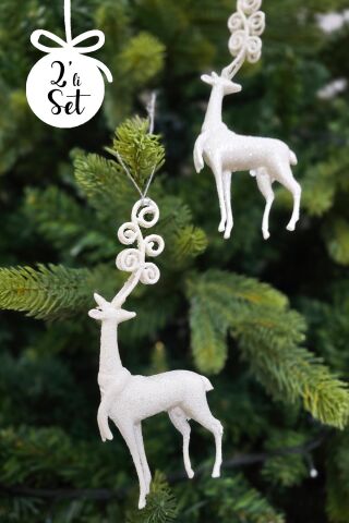 Beyaz Simli Uzun Boynuzlu Geyik Şeklinde Yılbaşı Ağacı Süsü Beyaz Geyik Yılbaşı Ağaç Süsü 2li Paket