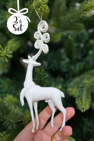 Beyaz Simli Uzun Boynuzlu Geyik Şeklinde Yılbaşı Ağacı Süsü Beyaz Geyik Yılbaşı Ağaç Süsü 2li Paket