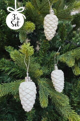 Beyaz Simli Kozalak Şeklinde Yılbaşı Ağacı Süsü Beyaz Kozalak Yılbaşı Ağaç Süsü 3lü Paket
