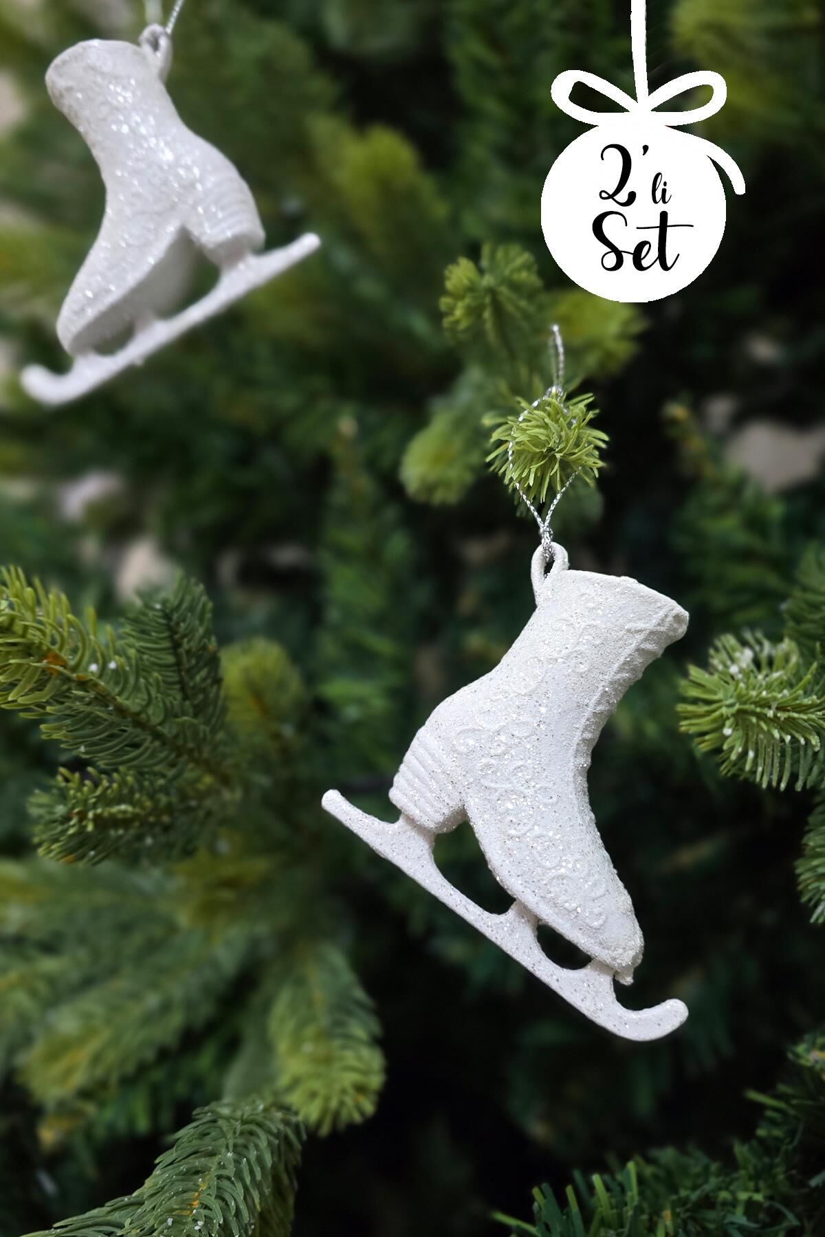 Beyaz Simli Buz Pateni Şeklinde Yılbaşı Ağacı Süsü Beyaz Paten Yılbaşı Ağaç Süsü 2li Paket