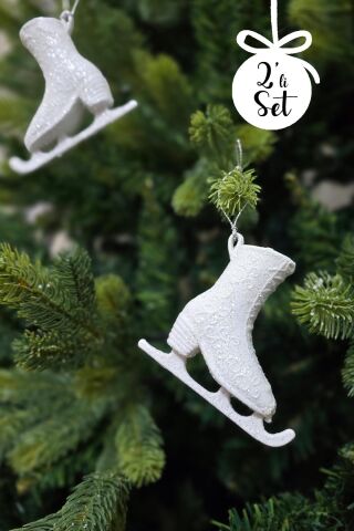 Beyaz Simli Buz Pateni Şeklinde Yılbaşı Ağacı Süsü Beyaz Paten Yılbaşı Ağaç Süsü 2li Paket