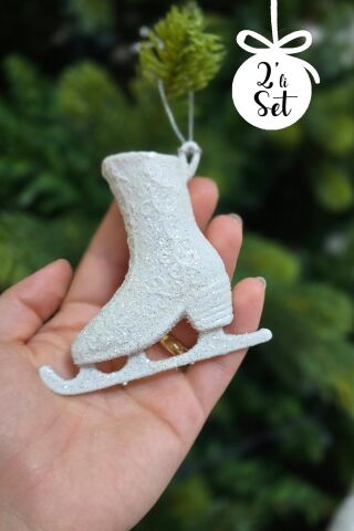 Beyaz Simli Buz Pateni Şeklinde Yılbaşı Ağacı Süsü Beyaz Paten Yılbaşı Ağaç Süsü 2li Paket